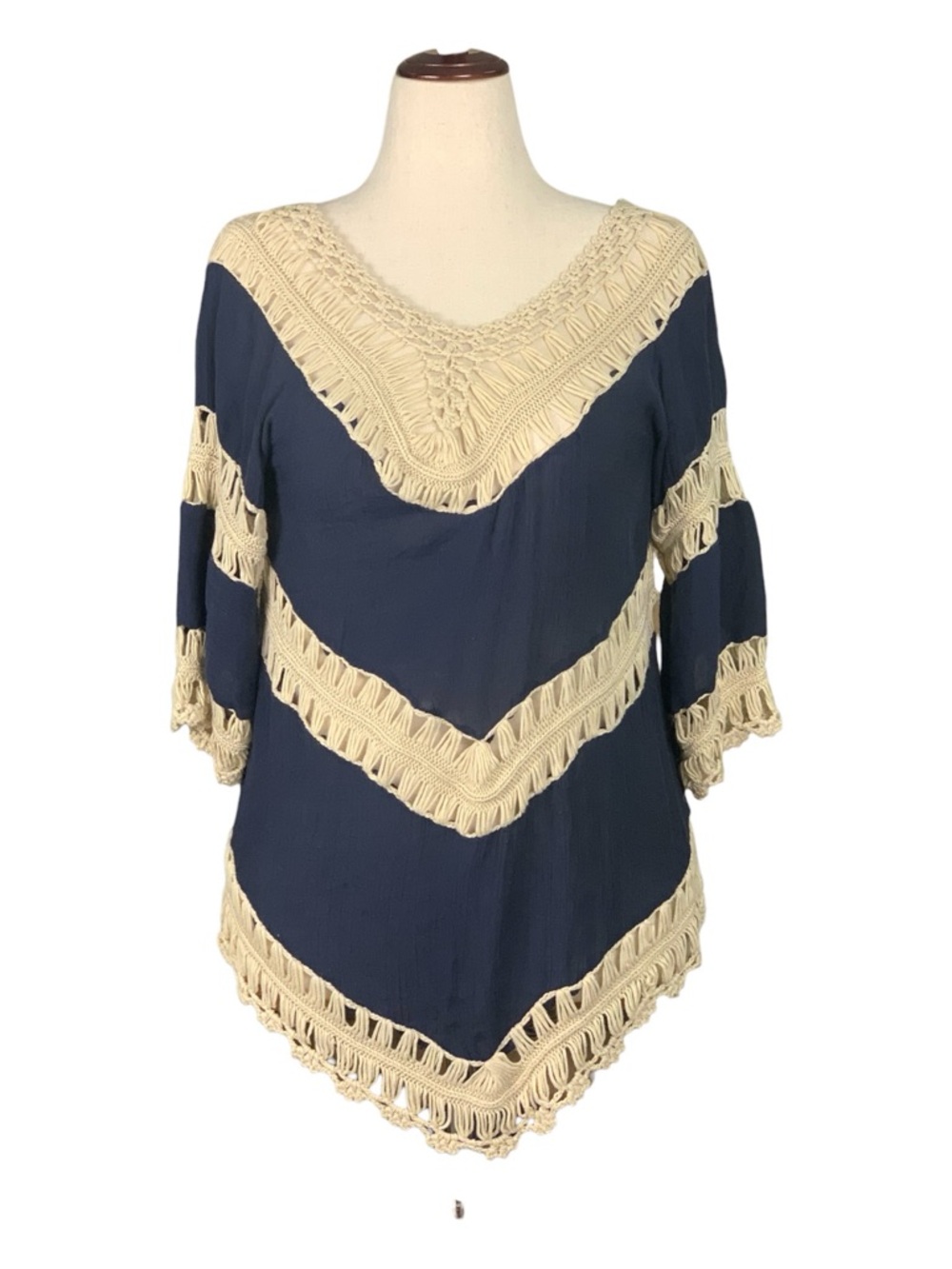 Vivid Collection Navy Blue Gauzy Crochet Trim‎ Tunic Beach Boho Festival Large